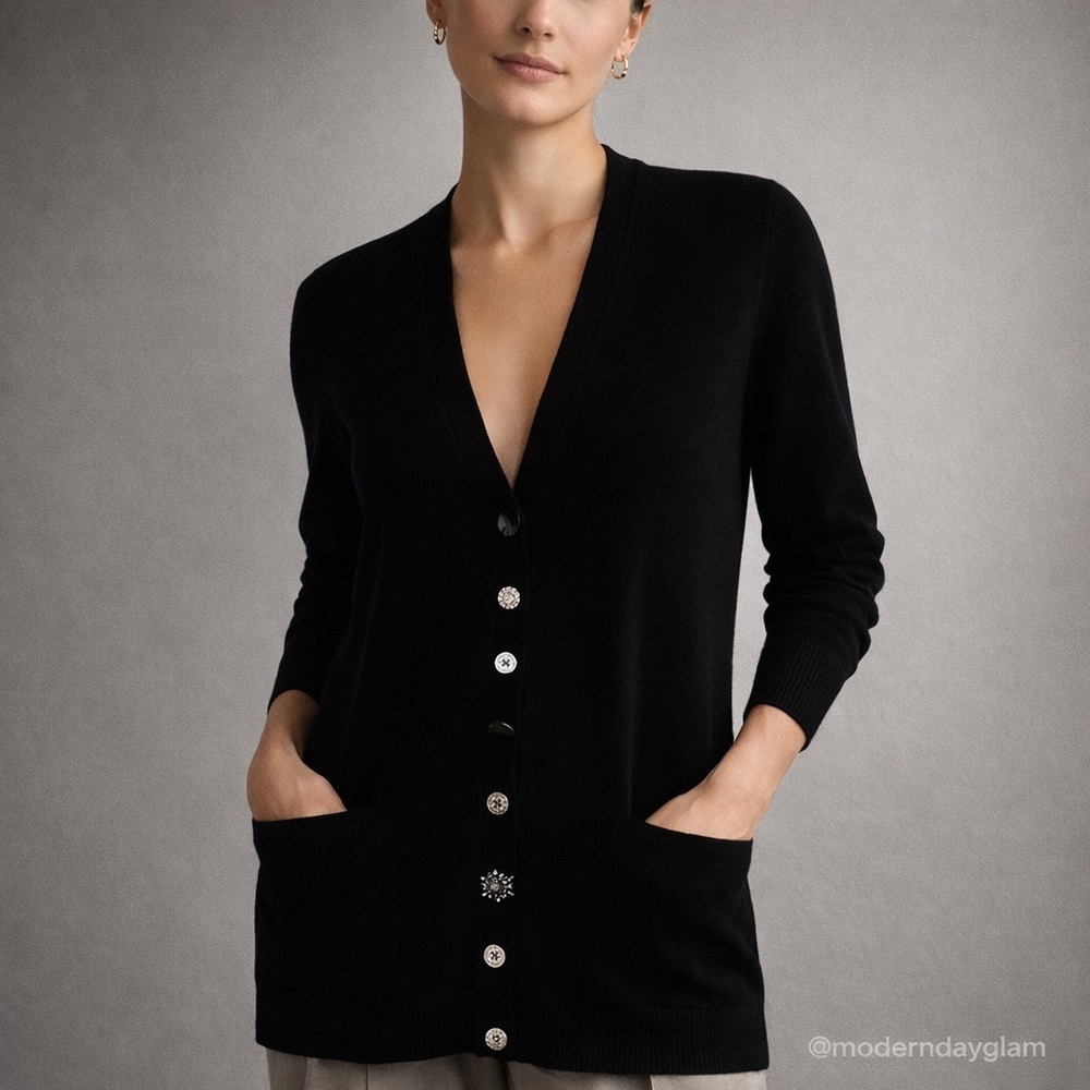 Marc Jacobs Black Cardigan BROOCH BUTTON style Sweater Designer old money